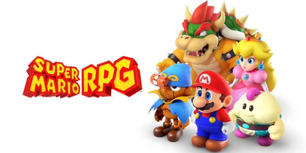 Todos los personajes de Super Mario RPG: Mario, Bowser, Geno, Mallow y la princesa Peach